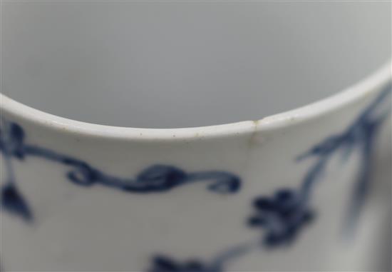A very rare Worcester blue and white Floral Swag, Ribbon and Scroll pattern coffee can, c.1755, two rim chips with short hairline crack